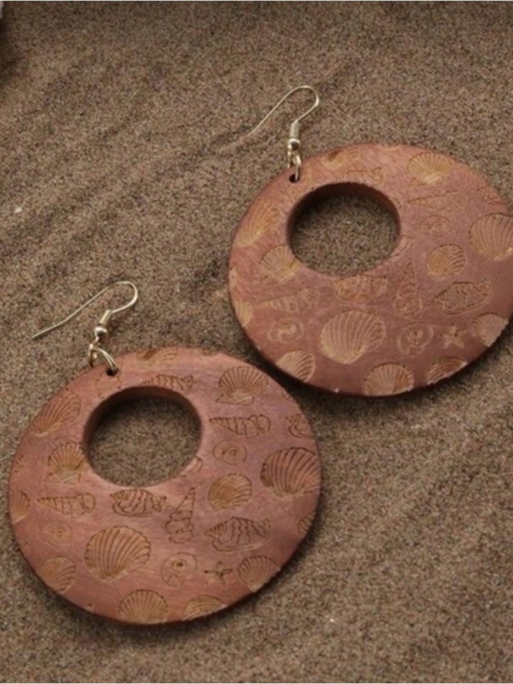 Handcrafted Wooden Hoop Earrings - Brown Shell Motif